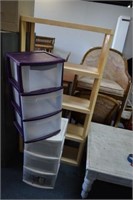 2 Plastic Storage Bins & Shelf