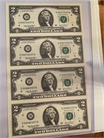 Uncut Set of Four $2.00 Federal Reserve Notes,