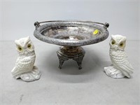2 owl figurines and a metal bowl/tray