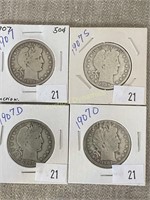 1907, 1907s, 1907d & 1907s Barber Half Dollars
