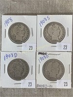 1908, 1908s, 1908d & 1908o Barber Half Dollars