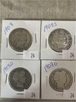 1908,1908s, 1908d & 1908o Barber Half Dollars