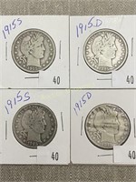 2 - 1915s & 2 - 1915d  Barber Half Dollars