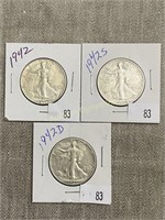 1942, 1942s, 1942d Walking Liberty Half Dollar