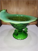 VINTAGE GREEN BOWL WITH TREE TRUNKS ON BASE