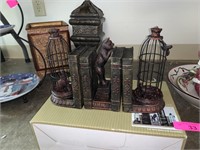 SET OF BOOKENDS CAT W BIRDCAGE