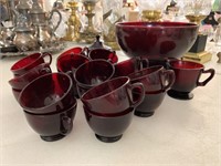 BEAUTIFUL AH RUBY RED PUNCH BOWL W PEDESTAL & CUPS