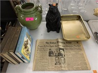LOT OF MISC DECOR/ BOOKS/ BONNIE & CLYDE NEWSPAPER