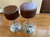 Pair of Kathy Kuo Adjustable Leather Barstools