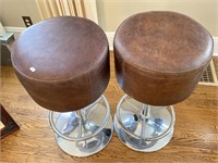 Pair of Kathy Kuo Adjustable Leather Barstools