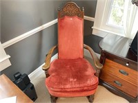 Antique Wooden Chair with Red Upholstery