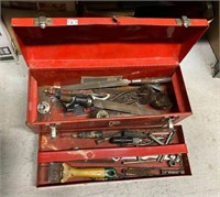 SMALL RED TOOL BOX AND CONTENTS