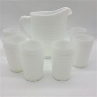 Vintage Hobnail Milk Glass Pitcher w/ 6 Tumblers