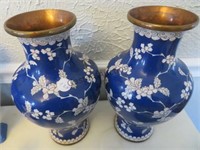 PAIR OF COPPER VASES PAINTED BLUE AND WHITE