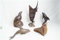 5 Wood carved sea animal sculptures