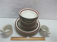 BROWN TRIM IRONSTONE BOWLS AND PLATES