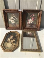 3 Vintage Paintings and Gold Framed Mirror