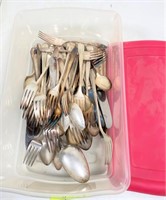 silver plated flatware in tote