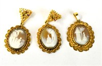 Three Pcs of Gold Cameo Earrings & Pendant