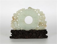Chinese Carved Jade Bi on Wood Stand