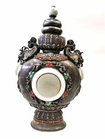 Chinese Silver Flask Vase w. Stone Inlaid