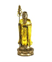 Chinese/Japanese Gilt Bronze Buddha Figure w Stick