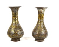 Pr Middle Eastern Silver Inlaid Copper Vases