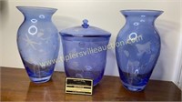 Lenox blue etched vases and matching jar with