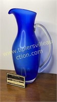 Cobalt art glass pitcher with applied handle