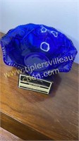 Heavy cobalt cut glass bowl