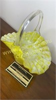 Yellow speckled art glass hobnail basket with