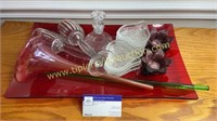 Vintage ashtrays and art glass on ruby platter