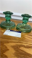 Spruce green tiara sandwich glass candle holders