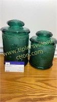 2 spruce green tiara sandwich glass canisters