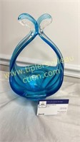 Blue art glass basket cracked handle