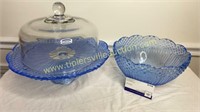 Blue cake stand with clear lid and matching bowl