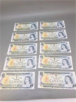 10 Canadian $1.00 bills - 1973