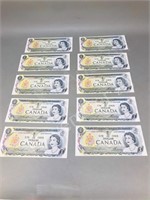 10 Canadian $1.00 bills - 1973