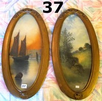 2 Early Watercolours in Orig. Gilt Oval Frames