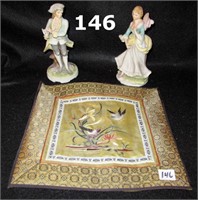 2 Figurines & Silk Oriental Mat 1950's