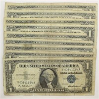 Nine 1957 Series One Dollar Silver Certificates