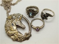 Sterling Silver Unicorn Necklace & Sterling Rings
