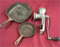 Griswold Grinder and Two Cast Iron Pans