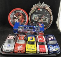 Two Earnhardt Clocks And 6 Nascar Die Cast Cars