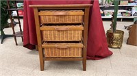 Three tier wooden organizer stand with wicker