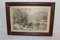 Framed Winter Pastime Courrier & Ives 13 x 18