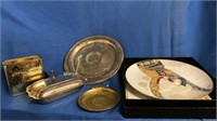 SILVER PLATER AND CRUMB CATCHER, BRASS ASHTRAY