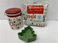 Cheer canister tablecloth and Christmas tree dish