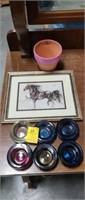 Framed Horse Picture, votives, clay pot