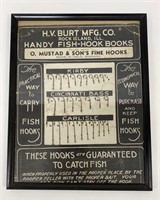 Vintage H.V Burt Fishing Hooks Advertising Board
